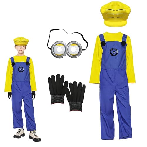 Minion Kostüm Kinder, Karneval Kostüm Junge Gelb Blau Overall mit Hut, Handschuhe, Brille, Süßes Film-Cosplay-Kostüme für Karnevalsparty, Geburtstagsfeiern, Bühnenauftritte, Alltagskleidung (S) von MeYuxg