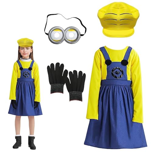 Minion Kostüm Kinder, Karneval Kostüm Mädchen Gelb Blau Kleid, mit Hut, Handschuhe, Brille, Süßes Film-Cosplay-Kostüme für Karnevalsparty, Geburtstagsfeiern, Bühnenauftritte, Alltagskleidung (M) von MeYuxg