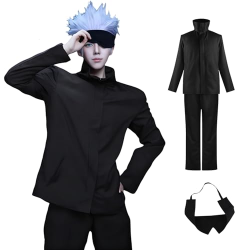 MeYuxg Satoru Gojo Anime Cosplay Kostüm, Cosplay Anime Kostüm Gojo Satoru Schuluniform Jacke mit Augenmaske, Karneval Kostüm Erwachsener High-Neck Uniform für Karneval Halloween Kostüm, Schwarz 3XL von MeYuxg