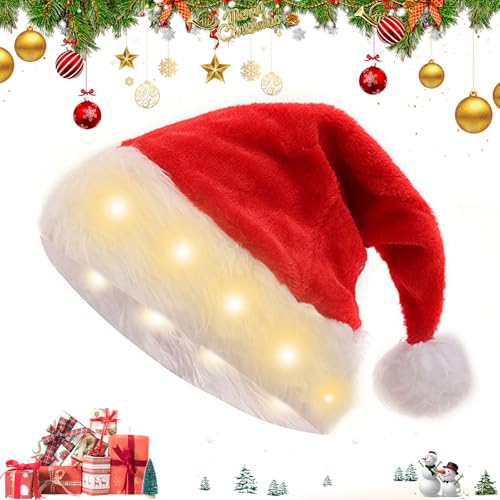 Weihnachtsmütze Led, Nikolausmütze Erwachsene, Rot Weihnachtsmann Mütze, Plüsch Santa Hat, Weihnachtsmütze mit Licht, für Weihnachten Neujahr Feiertagsparty(Warmes Licht) von MeYuxg