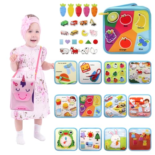 Meafeng Busy Board Montessori Spielzeug ab 1 2 3 Jahre, 12 in 1 Activity Board für Kleinkinder, Motorikspielzeug für Frühe Bildung, Sensorik, Baby, Lernspielzeug für Reise Auto Flugzeug(Einhorn) von Meafeng