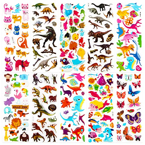 Tier Aufkleber für Kinder 3D Relief Aufkleber für Jungen and Mädchen 52 Verschiedene Blätter Farbig Aufkleber Pack über 1100, inkl. Tier Dinosaurier Schmetterling Fisch usw von Meafeng