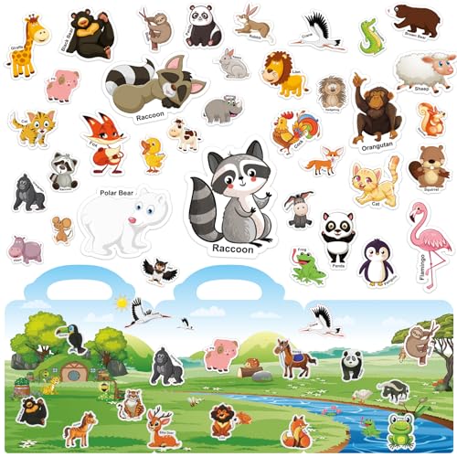 Wiederverwendbare Stickerbuch, Sticker Book für Kinder, 210pcs(6 Blätter) Tiere Stickerbücher für 3 4 5 6 Jahre Jungen Mädchen Kleinkinder, 3D Klare Sticker für Lernspielzeug Geschenke von Meafeng