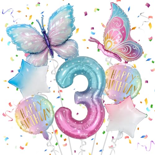 3 Jahre Schmetterling Deko Geburtstag, 3. Mädchen Geburtstag, Schmetterling Folienballon, Bunt Schmetterlinge Geburtstagsdeko, Geburtstagsdeko Rosa, Luftballon 3. Geburtstag Mädchen von Meanju