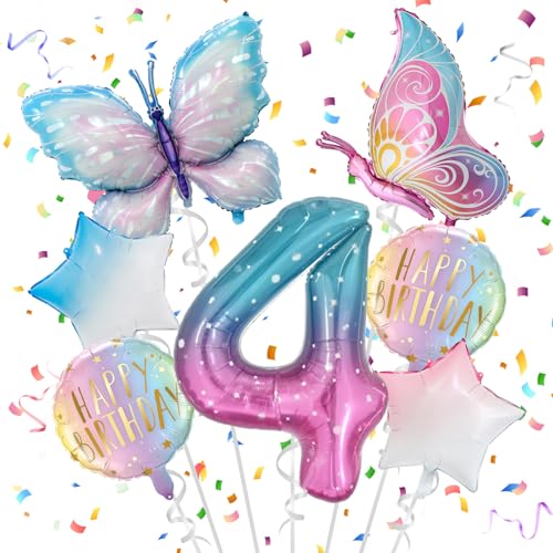 4 Jahre Schmetterling Deko Geburtstag, 4. Mädchen Geburtstag, Schmetterling Folienballon, Bunt Schmetterlinge Geburtstagsdeko, Geburtstagsdeko Rosa, Luftballon 4. Geburtstag Mädchen von Meanju