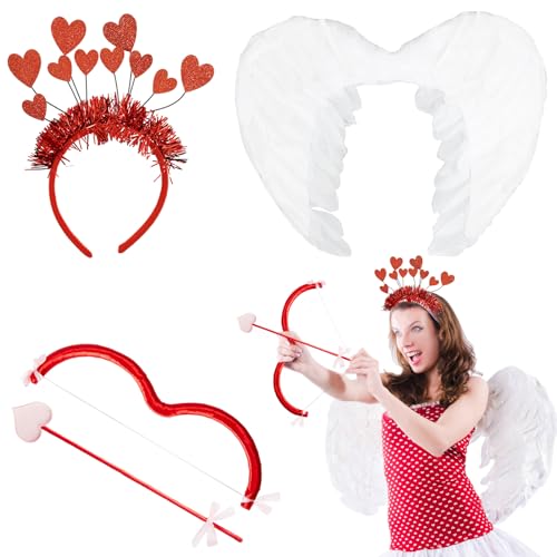 Meanju Amor Damen Kostüm,Romantische Amor Kostüm Accessoires mit Pfeil,Bogen,Engel Flügel,Amor Pfeil und Bogen Kostüm für Mädchen Damen Karneval-Valentinstag-Zubehör von Meanju