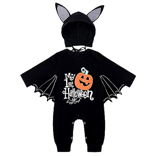Baby Fledermaus Kostüm Halloween,Strampler mit Hut Outfits,Cosplay Kostüm,Halloween Costume für Jungen Mädchen Unisex,Kleinkind Baby Karneval Party,3-6 Monate (Kürbis-S) von Meanju