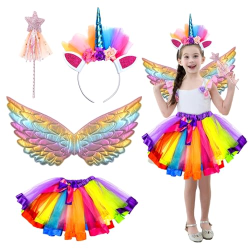 Einhorn Kostüm Prinzessin Set,4 Stück Einhorn Kostüm Kinder,mit Einhorn Haarreif Flügel Zauberstab Tutu Tüllrock,Einhorn Geschenk für Mädchen 3-9 Jahre Karneval,Cosplay,Halloween,Kindergeburtstag von Meanju