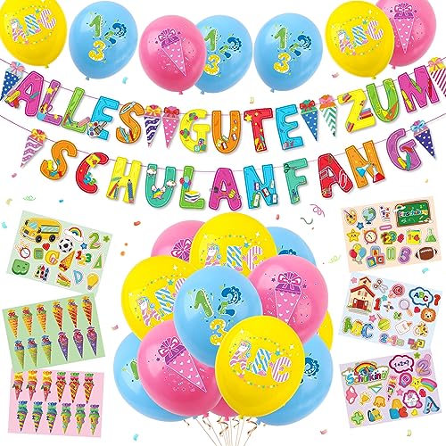 Einschulung Deko 25 Stück, Einschulung Luftballon, Dekoration Banner Schule, Aufkleber, Deko Einschulung Mädchen, Schulkind Deko, Schulanfang Luftballon, Deko Schulanfang für Junge Mädchen von Meanju