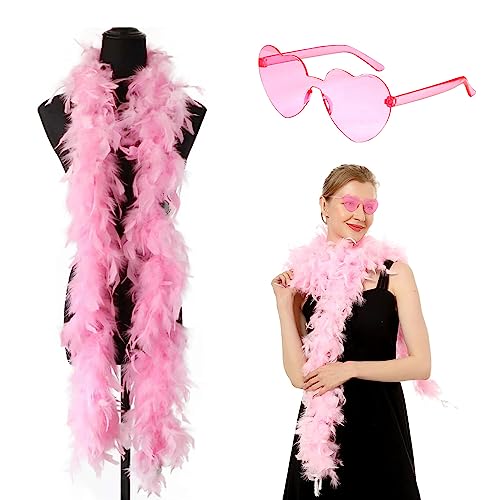 Federboa, 2M Bunte Feder Boa mit Herzbrille, Flauschige Federboa, Feder Boas Zubehör, Turkey Feather Boas Dekorieren, für Hochzeit Ankleiden Party, Karneval, Halloween, Weihnachten Kostüm (Rosa) von Meanju