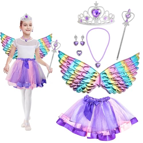 Kostüm Prinzessin Set,8 Stück Kostüm Kinder Mädchen,mit Prinzessin Krone Flügel Zauberstab Tüllrock Ringe Ohrring,Geschenk für Mädchen 3-9 Jahre Karneval/Cosplay/Halloween/Kindergeburtstag Party von Meanju