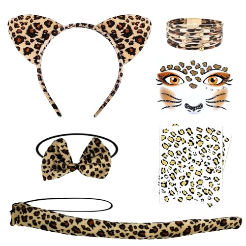 Meanju 8-teilig Leoparden Kostüm Set,Leopard Gesicht Kunst Aufkleber+Ohren Haarreif+Schwanz+Armband+Fliege+Leopardenmuster Tattoo,für Kinder Karneval Fasching Halloween Party, Braun Meanju 8-teilig Leoparden Kostüm Set,Leopard Gesicht Kunst Aufkleber+Ohren Haarreif+Schwanz+Armband+Fliege+Leopardenmuster Tattoo,für Kinder Karneval Fasching Halloween Party, Braun von Meanju