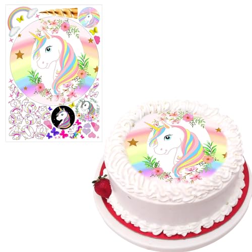 Meanju Einhorn Tortenbild, Einhorn Tortendeko, Tortenaufleger Einhorn, Tortendeko Einhorn Essbar, tortenaufleger mädchen, Rund Einhorn Torte Deko Esspapier - 20CM, DIY Cake Decoration (einhorn) von Meanju