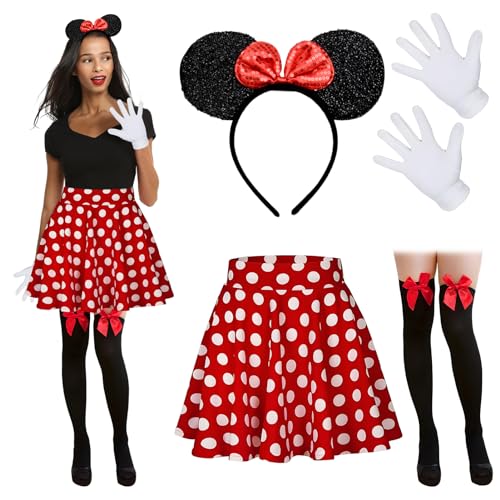 Meanju Mouse Faschingskostüme Damen Mit Weiß Gepunktet Pailletten Haarreifen+Faltenrock+Overknee Strümpfe+Handschuhe Für Kostümparty, Fasching, Karneval Party (M) von Meanju