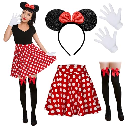 Meanju Mouse Faschingskostüme Damen Mit Weiß Gepunktet Pailletten Haarreifen+Faltenrock+Overknee Strümpfe+Handschuhe Für Kostümparty, Fasching, Karneval Party (S) von Meanju