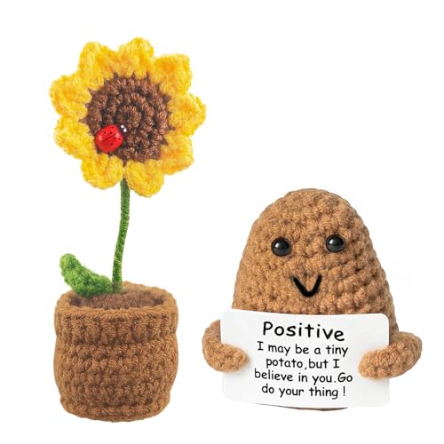 Meanju 2 Stück Positive Potato,Kreative Strickwolle Kartoffel Puppe,Pocket Hug Positive Sonnenblume,Kreative Plush Plushie,Mutmacher Geschenk,Mutmacher Kartoffel Pocket Hug Geburtstagsgeschenk von Meanju