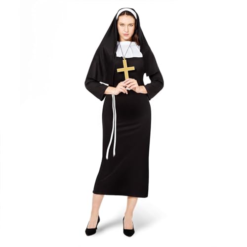 Nonnenkostüm Damen,Karneval Nonnenkostüm mit Nonnenhaube Halskette Rock,Kreuzkette + Gürtel Fastnachtskostüme Damen,Mittelalter Kostüm Damen,Karneval Kostüm Religiös Vikare Schwarzes Kostüm Outfit von Meanju