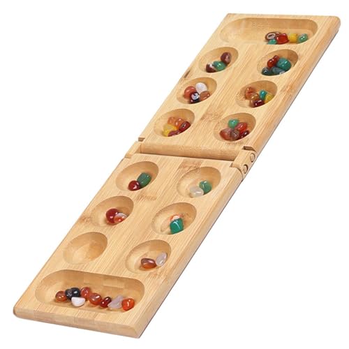 Meanju Steinchenspiel Lernspielzeug, Kala-ha Spiel,Mancala Brettspiel mit klappbarem,Edelstein Match Schach,Steinchenspiel Holz mit Steinen Strategisches Steinchenspiel für Kinder Erwachsene von Meanju