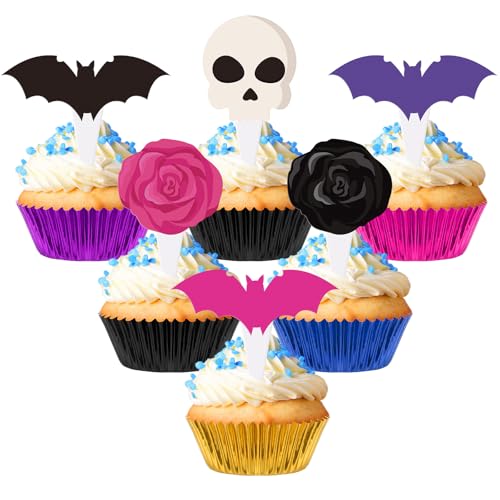 Meanplan 124 Stück Sommer-Halloween-Party-Dekorationen, einschließlich Horror-Themen-Cupcake-Topper und Cupcake-Einlagen, gruselige Geburtstagsdekorationen, zwei Knochen, Party-Zubehör von Meanplan