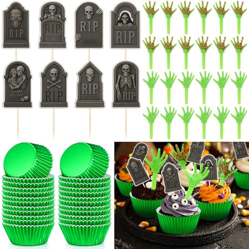 Meanplan Gruselige Halloween-Kuchendekorationsset, Grabstein, Friedhof, Hände, Halloween, grüne Cupcake-Einlagen, Spuk-Partyzubehör für Kuchen, Kekse, Cupcakes, gruselige Leckereien, 48 Stück von Meanplan