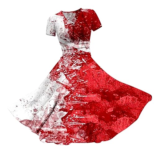 Halloween-Damenkleid, V-Ausschnitt, kurze Ärmel, Blutflecken-Druck, Vampirkleid, schickes und besonderes Halloween-Kostüm, A-Linie, Übergröße, Mittelalter Halloween-Damenkleid, V-Ausschnitt, kurze Ärmel, Blutflecken-Druck, Vampirkleid, schickes und besonderes Halloween-Kostüm, A-Linie, Übergröße, Mittelalter von Meaunzyl