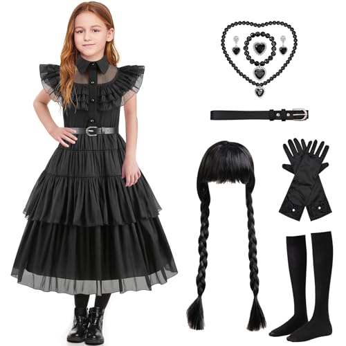 Schwarzes Kostümkleid für Kinder mit Perücke, Gürtel, Socken, Ohrringe, Mädchenkleid mit Gürtel, Handrequisiten, Halloween-Kostüm, Cosplay, Party, Mitte Schwarzes Kostümkleid für Kinder mit Perücke, Gürtel, Socken, Ohrringe, Mädchenkleid mit Gürtel, Handrequisiten, Halloween-Kostüm, Cosplay, Party, Mitte von MecTo