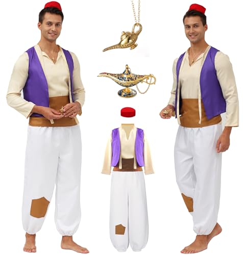 Mecamelon 7-teiliges Herren-Kostüm für arabische Prinzen, Märchenanzüge, Halloween, Cosplay, Party, Anzug, Weiss/opulenter Garten, L von Mecamelon