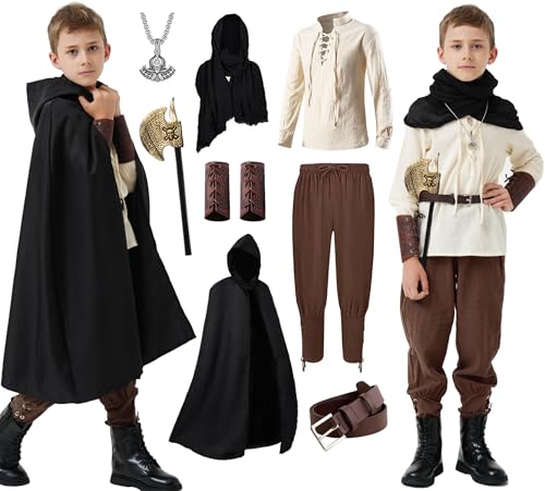 Mecamelon 8-teiliges Mittelalter-Kostüm für Jungen, Renaissance-Wikinger-Piraten-Tunika, Outfit für Kinder (Braun, 8–9 Jahre) von Mecamelon