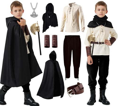 Mecamelon 8-teiliges Mittelalter-Kostüm für Jungen, Renaissance-Wikinger-Piraten-Tunika, Outfit für Kinder (Schwarz, 8–9 Jahre) von Mecamelon