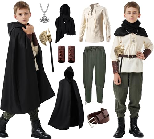 Mecamelon 8-teiliges Mittelalter-Kostüm für Jungen, Renaissance-Wikinger-Piraten-Tunika, Outfit für Kinder (grün, 7–8 Jahre) von Mecamelon