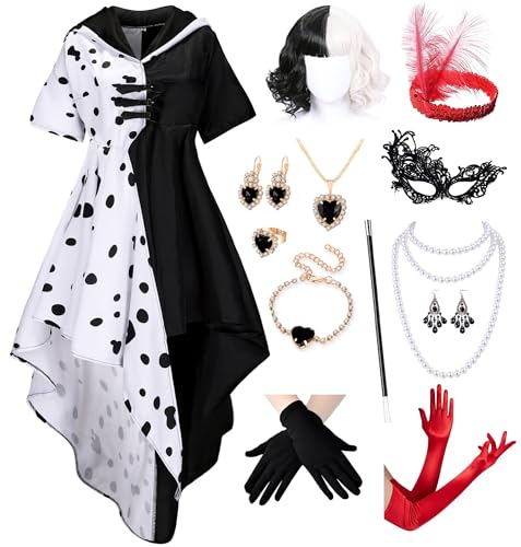 Mecamelon Dalmatiner-Kostüm, Kleid mit Perücke, Handschuhen, Zubehör, Party-Outfit, 13 Stück/9 Stück, Schwarz und Weiß, Weiss/opulenter Garten, L von Mecamelon