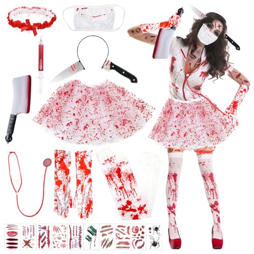 10 Stück Blutige Krankenschwester Kostüm, Halloween Kostüm Damen, Schaurige Krankenschwester Zombie, Horror Kostüm Zombie mit Blutbefleckten Handschuhe Strümpfe Machete Haarband Tattoo-Aufkleber usw. von Mecctuck