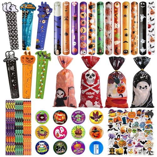 110 Stück Halloween Schreibwaren Sets, Halloween Party Mitgebsel, Kinder Party Mitgebsel Inklusive Bleistifte Lineale Slap Armbänder Bleistiftspitzer Aufkleber, Party Zubehör für Halloween Geschenk von Mecctuck