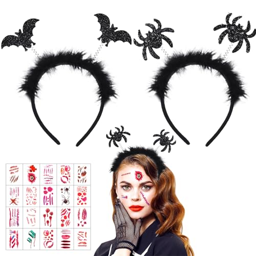 2 Stück Halloween Haarreif, Fledermaus Kostüm Damen, Halloween Kopfschmuck Haarschmuck, Fledermaus Haarreif mit 20 Tattoos, Halloween Haarreif Damen Accessoires für Prank Horror Karneval Fasching von Mecctuck