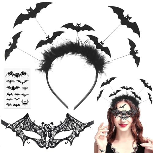 3 Stück Halloween Haarreif Set, Fledermaus Haarreif, Halloween Maske Augenmaske Haarreifen Haarschmuck Stirnband mit Fledermaus Tattoos Aufkleber, Fledermaus Haarband Accessoires für Damen Kinder von Mecctuck