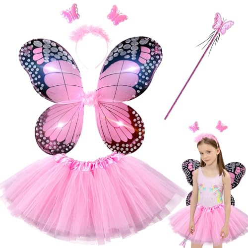 4-teiliges Schmetterling Kostüm Kinder,Tüllrock Mädchen,Verkleidungskiste für Kinder,Kostüm Mädchen,Feenkostüm Flügel Kinder,Fee Kostüm Fairy Costume mit Schmetterlingsflügel Haarreif für Karneval von Mecctuck