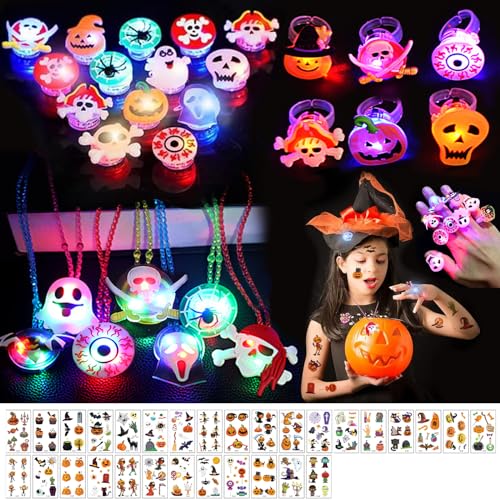 48 Stück Halloween Party Favors, Led Spielzeug Kinder, Blinkende Led Party Ringe Halsketten Insignien und 30 Temporäre Tattoos, LED Leuchtspielzeug Partyartikel für Halloween Karneval Party Mitgebsel von Mecctuck