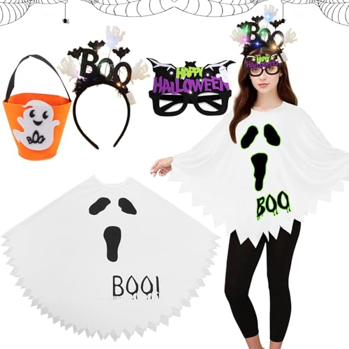 4tlg Halloween Kostüm Damen, Geist Umhang Kostüme mit Haarreifen Candy Bag Gläser, Kostüm Damen, Im Dunkeln Leuchtende Karnevalskostüme, Gespenst Umhang für Halloween Karneval Frauen Cosplay Party von Mecctuck
