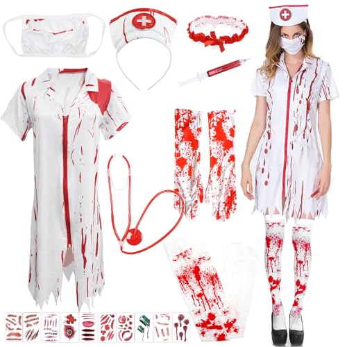 9tlg Krankenschwester Kostüm, Halloween Kostüm Damen, Zombie Krankenschwester Damen, Halloween Blut Kostüm Damen Blutbefleckt Horror Zombie Braut Accessoires für Halloween Karneval Cosplay Party 9tlg Krankenschwester Kostüm, Halloween Kostüm Damen, Zombie Krankenschwester Damen, Halloween Blut Kostüm Damen Blutbefleckt Horror Zombie Braut Accessoires für Halloween Karneval Cosplay Party von Mecctuck