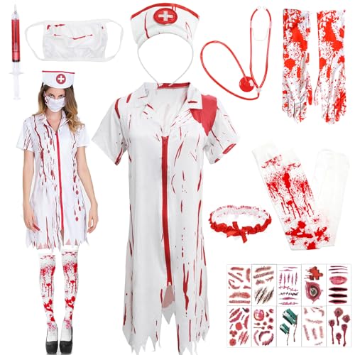 9tlg Krankenschwester Kostüm, Halloween Kostüm Damen, Zombie Krankenschwester Damen, Halloween Blut Kostüm Damen Blutbefleckt Horror Zombie Braut Accessoires für Halloween Karneval Cosplay Party 9tlg Krankenschwester Kostüm, Halloween Kostüm Damen, Zombie Krankenschwester Damen, Halloween Blut Kostüm Damen Blutbefleckt Horror Zombie Braut Accessoires für Halloween Karneval Cosplay Party von Mecctuck