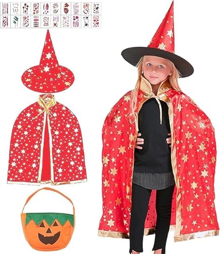 Kinder Halloween Kostüm, Zauberer Kostüm Kinder, Halloween Kostüm Kinder, Zauberer Kostüm Kinder Umhang, Hexe Kostüm Kinder mit Hexenhut Kürbis Candy Bag Tattoos für Halloween Karneval Cosplay von Mecctuck