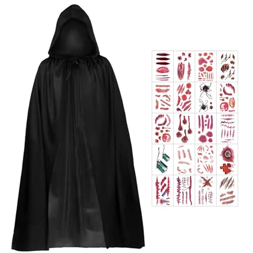 Halloween Kostüm, 140CM Sensenmann Kostüm, Halloween Umhang Kinder, Vampir Kostüm, Schwarz Umhang mit Kapuze, Halloween Costume mit 20 Tattoos, Unisex Kostüm für Halloween Party Dekoration Cosplay von Mecctuck