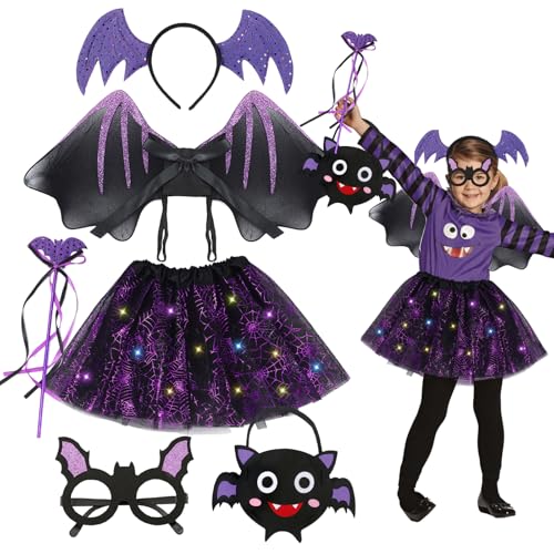 Halloween Kostüm, 6tlg Kostüme für Kinder, LED Halloween Fledermaus Kostüm Mädchen, Fledermaus Flügel Kostüm mit Tüllrock Flügel Zauberstab Haarreif Maske für Kinder Cosplay Party Halloween Karneval Halloween Kostüm, 6tlg Kostüme für Kinder, LED Halloween Fledermaus Kostüm Mädchen, Fledermaus Flügel Kostüm mit Tüllrock Flügel Zauberstab Haarreif Maske für Kinder Cosplay Party Halloween Karneval von Mecctuck