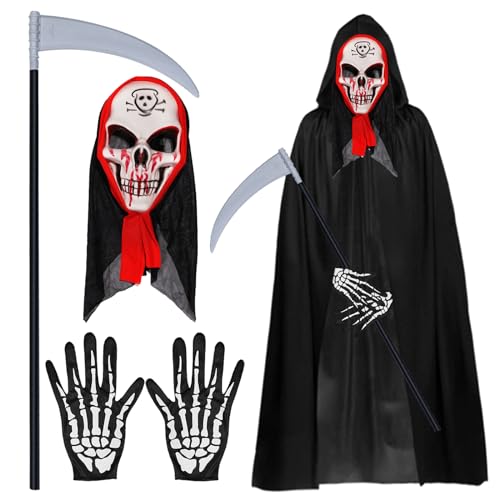 Halloween Kostüm, Halloween Gesicht Maske, 140CM Umhang mit Kapuze Cape, Vampir Kostüm Umhang mit Ghost Festival Horror Maske Skelett Handschuhe Sense des Todes für Halloween Party Dekoration Cosplay von Mecctuck