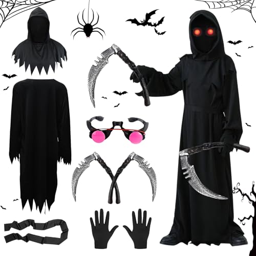 Halloween Kostüm, Kostüm Kinder, 120CM Sensenmann Kostüm mit Doppelsensen, Kostüme Halloween mit Leuchtend Rote Augen,Schwarz Scream Umhang Sense des Todes für Halloween Cosplay Kinder von 6-12 Jahren Halloween Kostüm, Kostüm Kinder, 120CM Sensenmann Kostüm mit Doppelsensen, Kostüme Halloween mit Leuchtend Rote Augen,Schwarz Scream Umhang Sense des Todes für Halloween Cosplay Kinder von 6-12 Jahren von Mecctuck