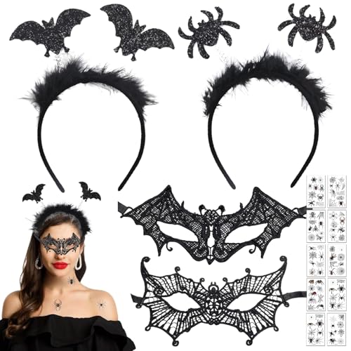 Halloween Kostüm Damen, Halloween Masken Kostüm, Fledermaus Haarreif, Lace Venezianische Masken, Spitze Handschuhe, Haarband Accessoires, Gothic Halskette Set für Halloween Maskenball (7 Stück) von Mecctuck