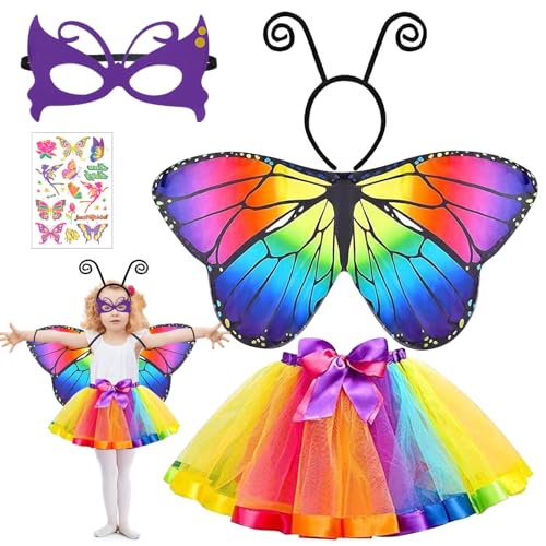 Kostüm Kinder, 5-teiliges Schmetterling Kostüme Kinder, Faschingskostüme Kinder, Kostüm Mädchen, Feenkostüm Mädchen, Feen Kostüm Fairy Costume mit Schmetterlingsflügel Haarreif Maske für Karneval von Mecctuck