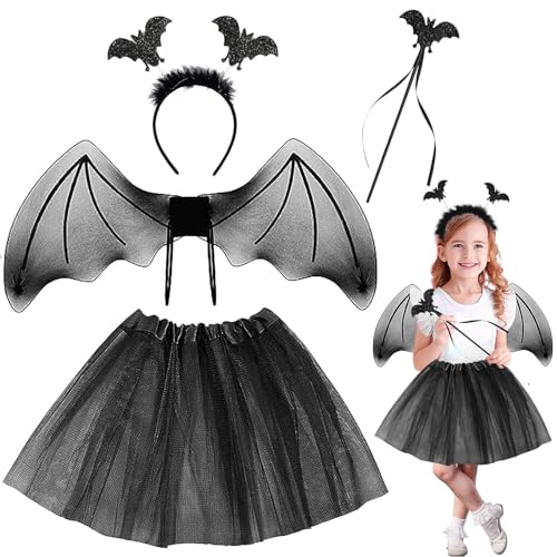 Mecctuck Fledermaus Kostüm Kinder, Halloween Kostüm, Halloween Fledermaus Kostüm, Fledermaus Flügel Kostüm Damen mit Tüllrock Flügel Zauberstab Haarreif für Kinder Cosplay Party Halloween Karneval von Mecctuck