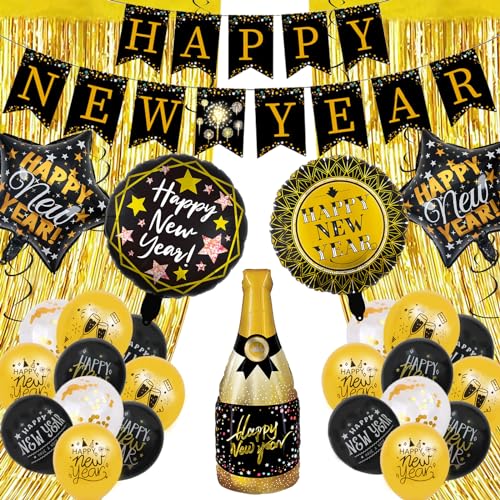 Silvester Deko 2025, Happy New Year Deko 2025, Silvesterdeko, Party Deko Silvester Schwarz Gold, Silvester Deko Girlande Folienballon Silvester Luftballons Folienballon für Neujahr Party von Mecctuck