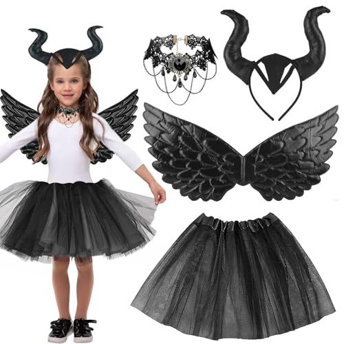 Teufel Kostüm Mädchen, 4 Stück Königin Hörner Kostüm, Halloween Kostüm, Halloween Kostüme für Mädchen, Karneval Kostüm mit Gothic Spitze Halskette Hörner Kopfschmuck Flügel Kette Hexenkostüm Teufel Kostüm Mädchen, 4 Stück Königin Hörner Kostüm, Halloween Kostüm, Halloween Kostüme für Mädchen, Karneval Kostüm mit Gothic Spitze Halskette Hörner Kopfschmuck Flügel Kette Hexenkostüm von Mecctuck